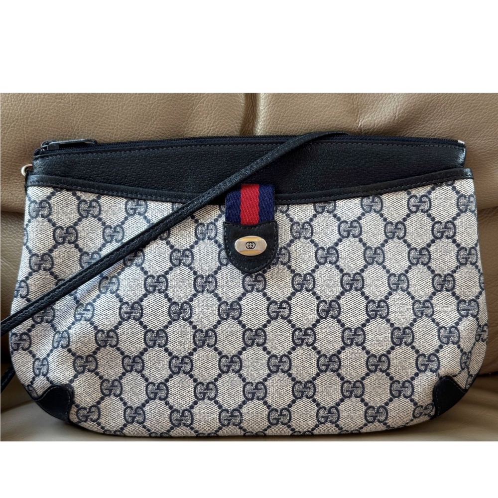 Authentic Vintage Gucci Black Monogram Canvas Leather Crossbody Clutch Bag